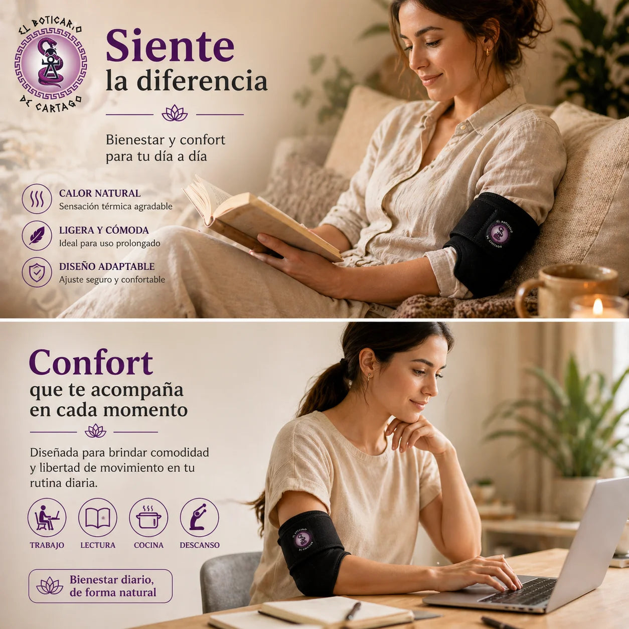 Imagen lifestyle de codera de turmalina autocalentable utilizada durante momentos de lectura, trabajo y descanso para aportar confort y bienestar diario
