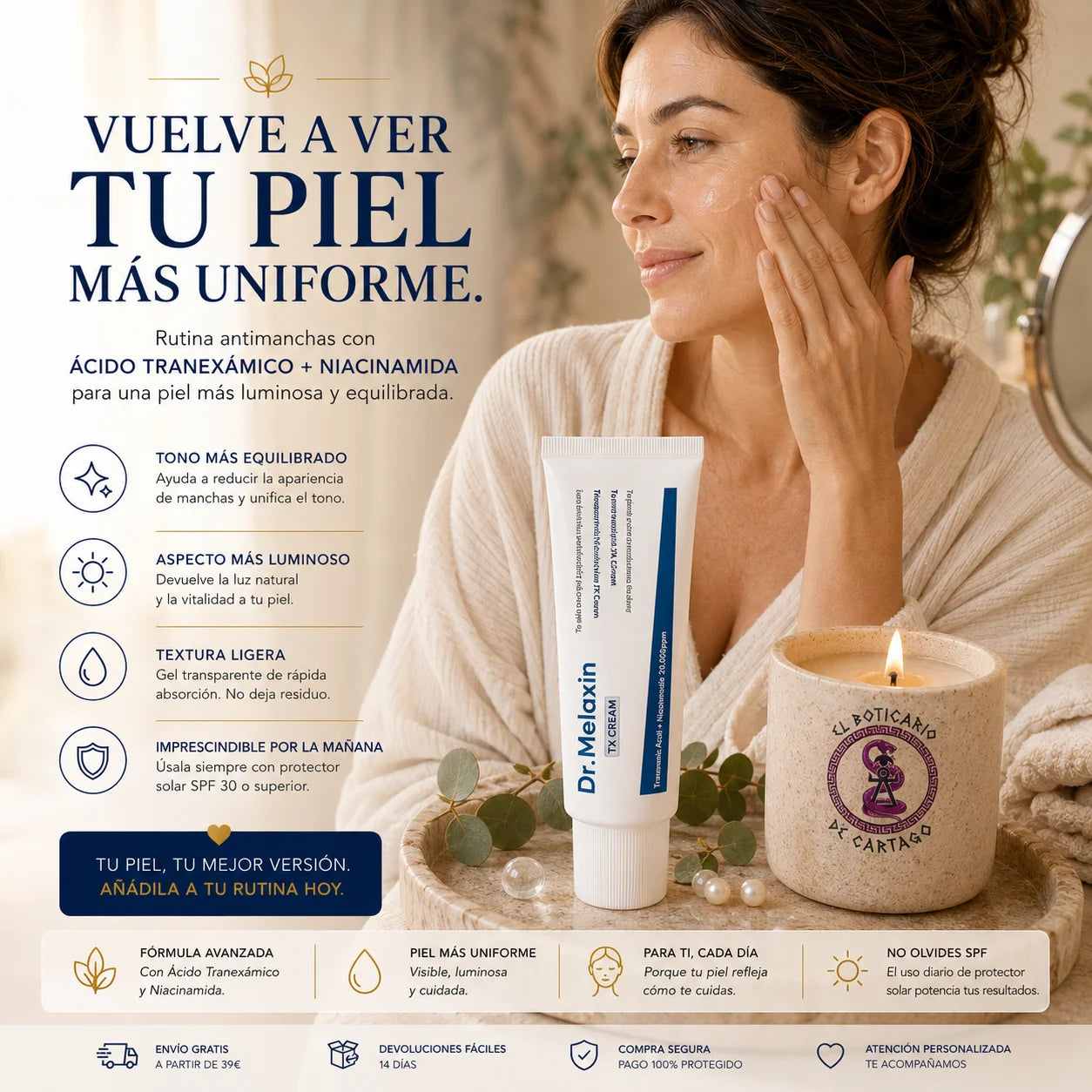Mujer aplicando Dr. Melaxin TX Cream en una rutina facial antimanchas dentro de un ambiente spa premium. La imagen destaca ácido tranexámico y niacinamida para ayudar a mejorar visualmente la uniformidad, luminosidad y aspecto saludable de la piel, con recomendación de uso junto a protector solar diario.