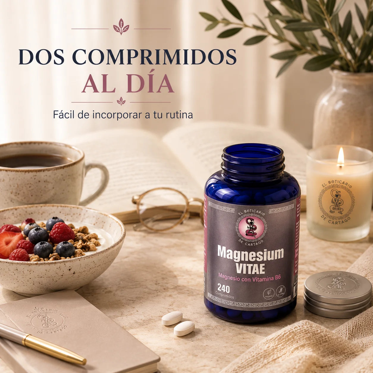 Magnesium Vitae de El Boticario de Cartago integrado en una rutina diaria de bienestar junto a un desayuno saludable, café y lectura, con dos comprimidos visibles sobre la mesa.