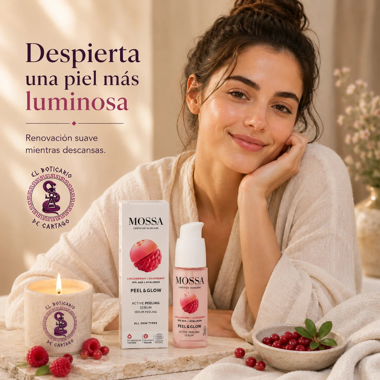 Mujer disfrutando de su rutina facial nocturna con el sérum renovador Peel & Glow de MOSSA en un ambiente spa premium con frutos rojos y vela decorativa.