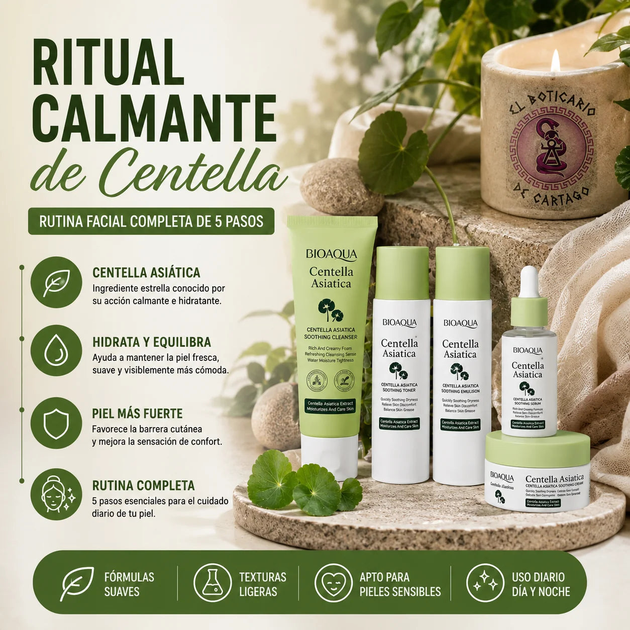 Ritual Calmante de Centella Asiática – rutina facial completa de 5 pasos: limpiador, tónico, emulsión, sérum y crema para piel sensible