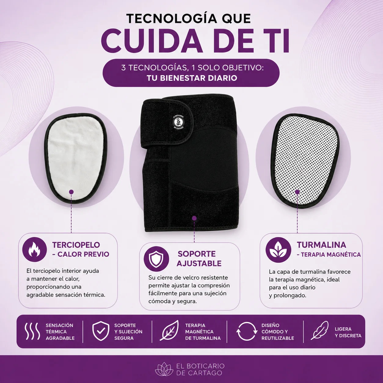 Rodillera de turmalina con terapia magnética, interior de terciopelo para sensación térmica y cierre de velcro ajustable – bienestar diario