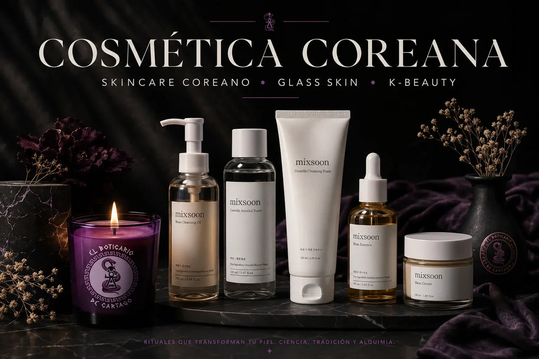 Cosmética coreana premium con rutina Glass Skin de Mixsoon sobre fondo elegante estilo noir. Productos de skincare coreano junto a una vela de El Boticario de Cartago para una piel luminosa y saludable.