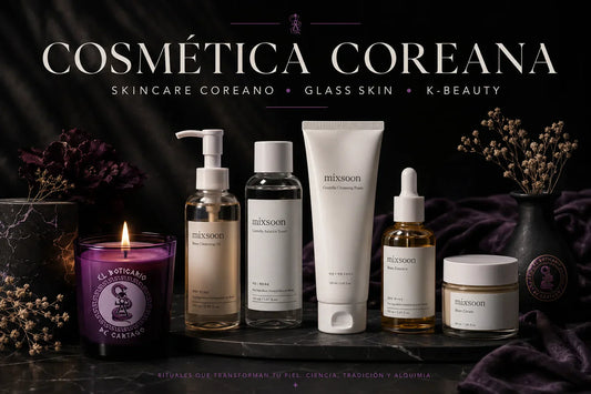 Cosmética coreana premium con rutina Glass Skin de Mixsoon sobre fondo elegante estilo noir. Productos de skincare coreano junto a una vela de El Boticario de Cartago para una piel luminosa y saludable.