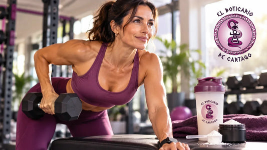 Mujer entrenando con una mancuerna junto a un shaker y un bote de suplemento de El Boticario de Cartago.⠋
