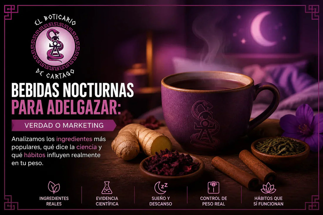 Infusión nocturna con jengibre, canela y té en un ambiente relajante junto al logo de El Boticario de Cartago, ilustrando el análisis sobre bebidas nocturnas para adelgazar.