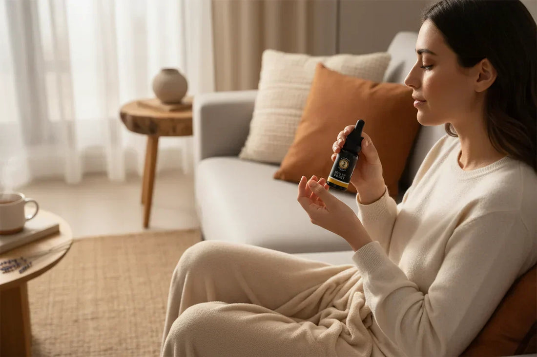 Persona relajándose en casa con aceite CBD Beso de Tanit para alivio del dolor muscular y articular