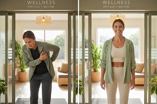 Comparación de la misma persona saliendo de una clínica: a la izquierda con dolor y mala postura, a la derecha recuperada y sonriente, ilustrando cómo la mentalidad afecta la recuperación física