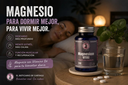 Mujer durmiendo profundamente con bote de Magnesium VITAE con Vitamina B6 240 comprimidos en mesita de noche - Descanso reparador y menos estrés - El Boticario de Cartago