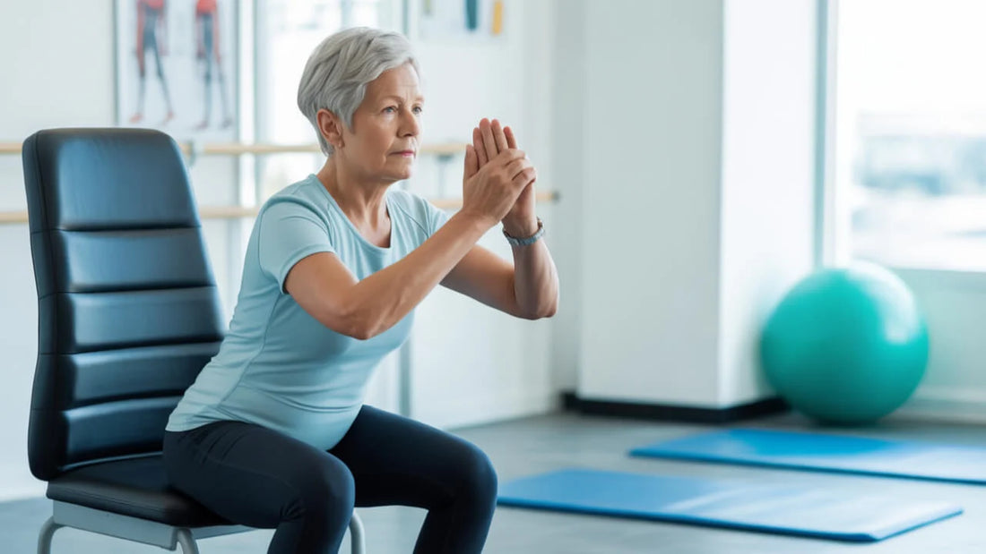 Mujer mayor realizando ejercicios de sentadillas para mejorar el equilibrio y prevenir caídas en casa
