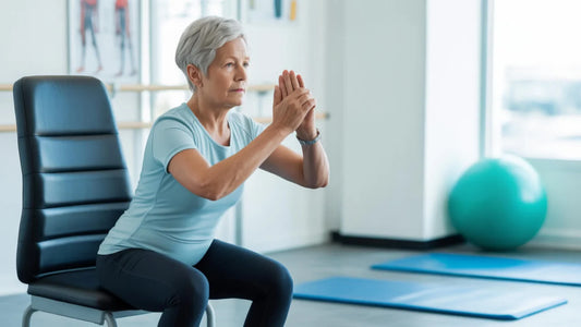 Mujer mayor realizando ejercicios de sentadillas para mejorar el equilibrio y prevenir caídas en casa