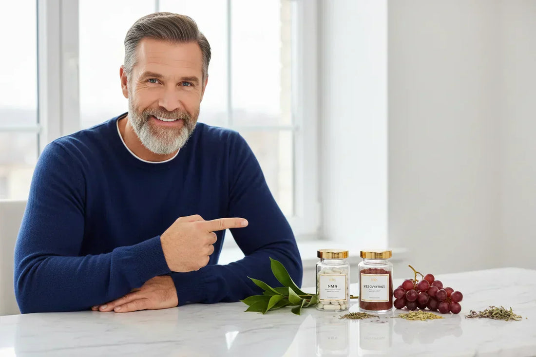 Hombre de 50 años saludable mostrando suplementos antienvejecimiento NMN y Resveratrol - protocolo longevidad 2025
