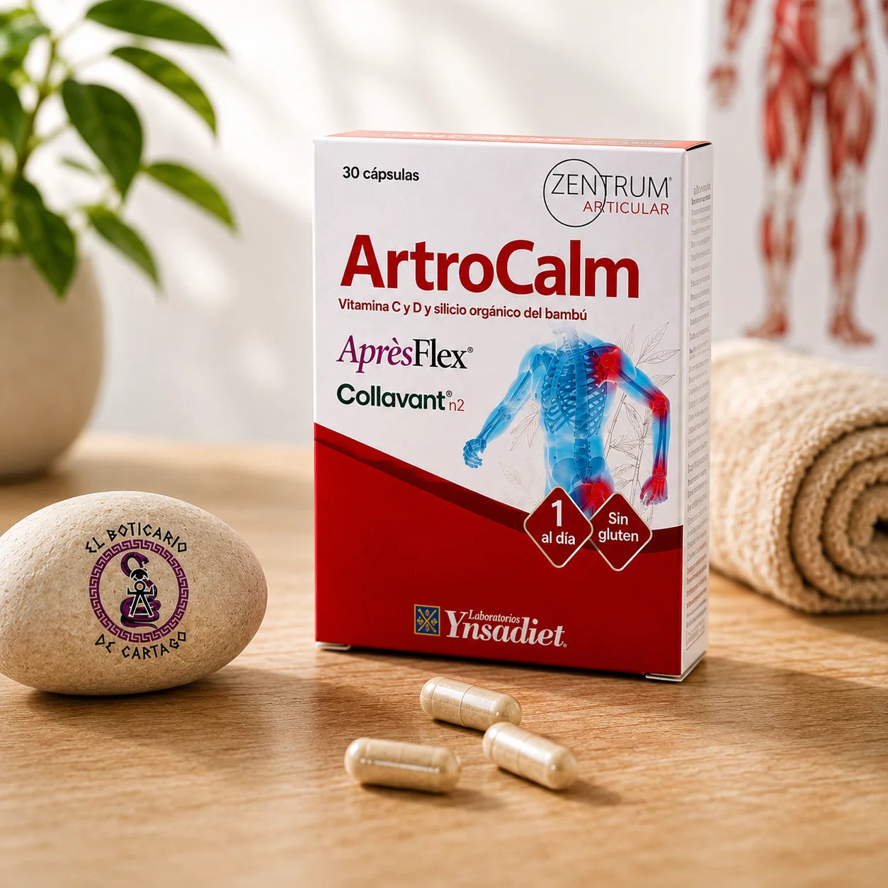 Caja de ArtroCalm Zentrum Articular de Ynsadiet con 30 cápsulas, AprèsFlex y Collavant n2, sobre superficie de madera