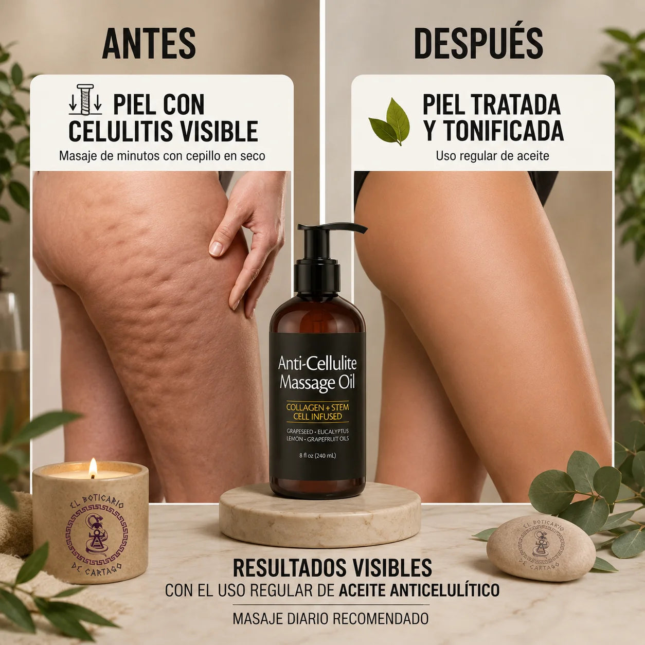 Aceite anticelulítico con colágeno y células madre vegetales mostrando una comparativa visual antes y después dentro de un entorno spa premium con masaje corporal y cuidado de la piel.