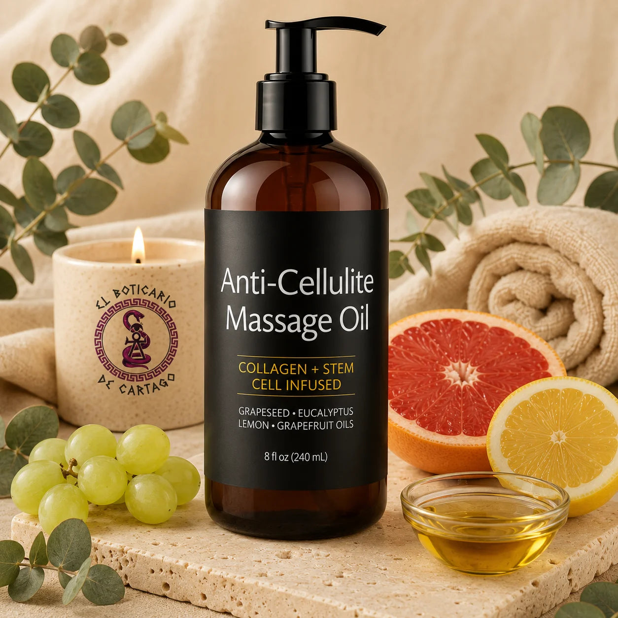 Aceite anticelulítico con colágeno y células madre vegetales presentado en un entorno spa premium con eucalipto, uvas, cítricos y aceite botánico sobre piedra natural junto a una vela decorativa de El Boticario de Cartago.