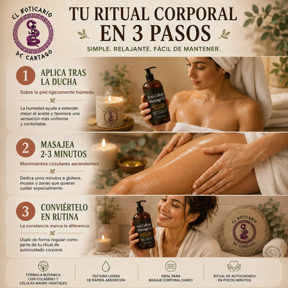 Infografía paso a paso para utilizar aceite anticelulítico con colágeno y células madre vegetales. Aplicación tras la ducha, masaje corporal ascendente y uso diario dentro de una rutina de autocuidado inspirada en spa premium.