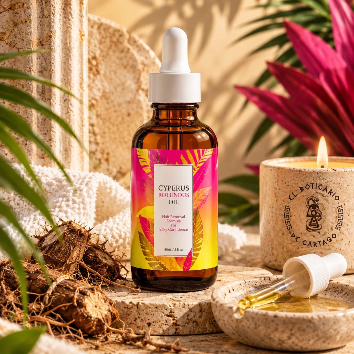 Frasco de Aceite Reductor de Vello Cyperus Rotundus de El Boticario de Cartago junto a raíces de cyperus y una vela encendida