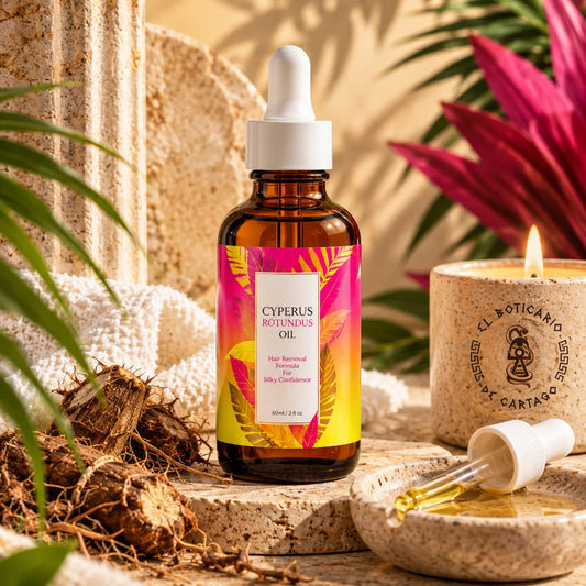 Frasco de Aceite Reductor de Vello Cyperus Rotundus de El Boticario de Cartago junto a raíces de cyperus y una vela encendida
