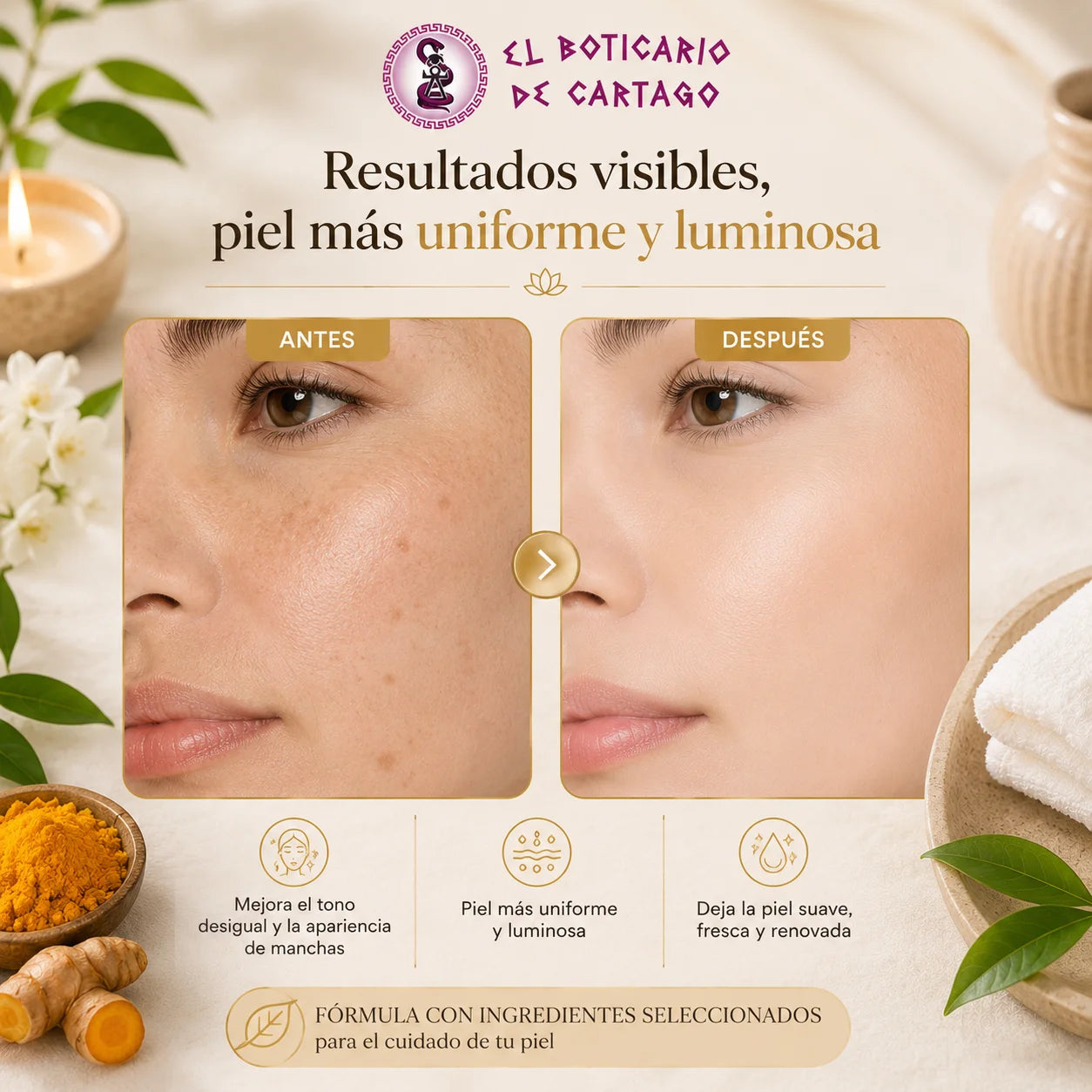 Comparativa antes y después de usar mascarilla facial efecto glow para mejorar visualmente el tono y luminosidad de la piel