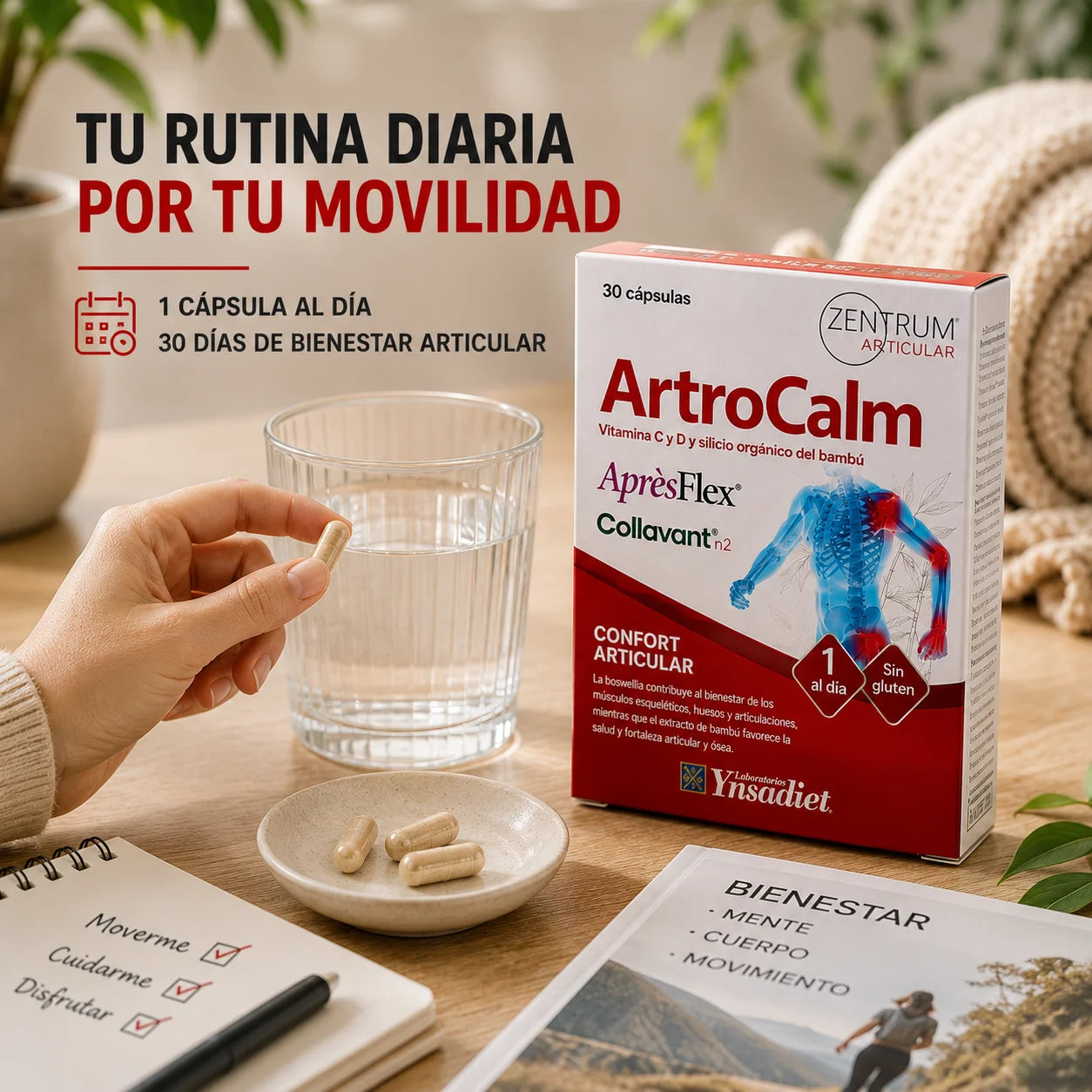 Mano sosteniendo una cápsula de ArtroCalm junto a un vaso de agua – 1 cápsula al día, 30 días de bienestar articular