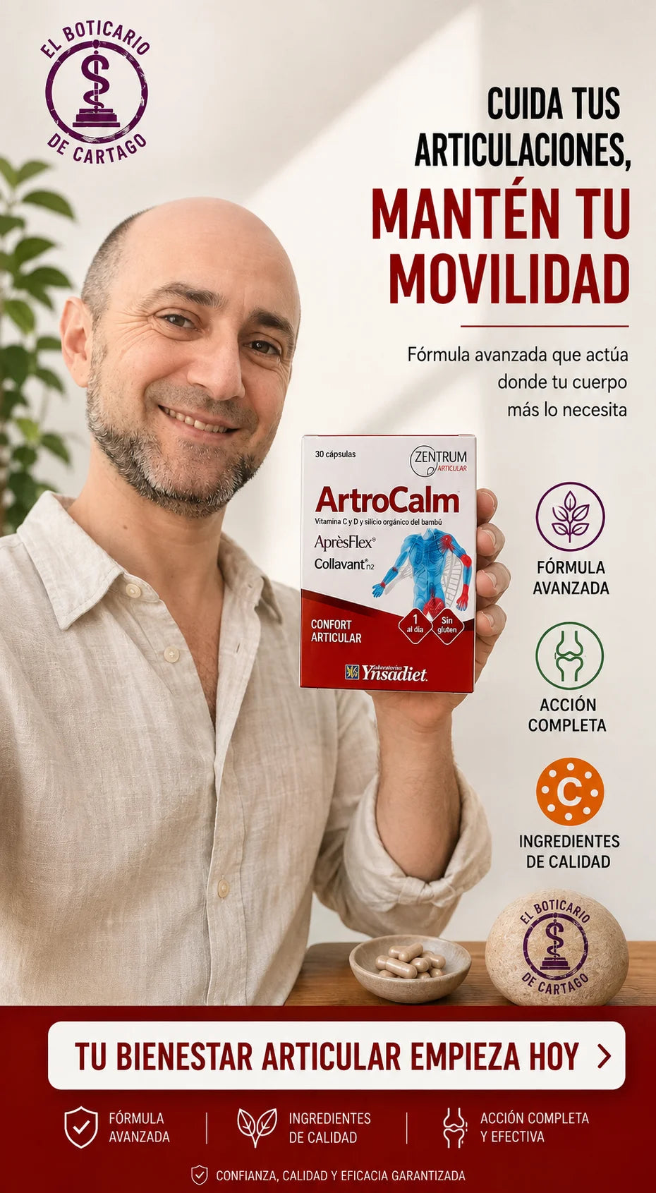 Hombre sonriente sosteniendo ArtroCalm Zentrum Articular – fórmula avanzada para cuidar las articulaciones y mantener la movilidad