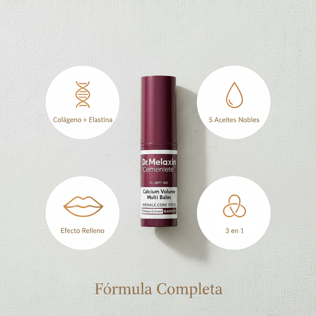 Beneficios del Bálsamo Dr. Melaxin: colágeno y elastina antiedad, 5 aceites nobles hidratantes, efecto relleno con Tremella y calcio, multifunción 3 en 1