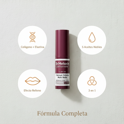 Beneficios del Bálsamo Dr. Melaxin: colágeno y elastina antiedad, 5 aceites nobles hidratantes, efecto relleno con Tremella y calcio, multifunción 3 en 1