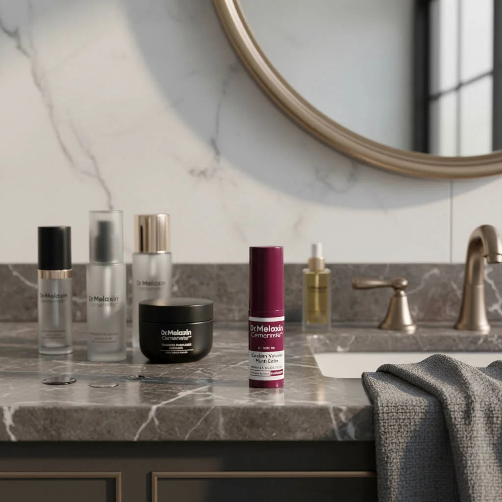 Colección de productos Dr. Melaxin y Coco Pax CBD sobre lavabo de mármol en baño de lujo