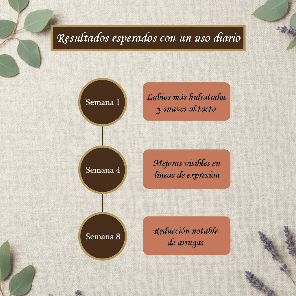 Resultados esperados del Bálsamo Dr. Melaxin: hidratación en semana 1, mejora de líneas de expresión en semana 4, reducción de arrugas en semana 8