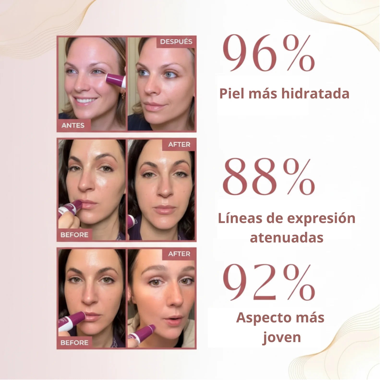 Resultados bálsamo Dr. Melaxin - Antes y después: piel hidratada, líneas atenuadas, aspecto rejuvenecido