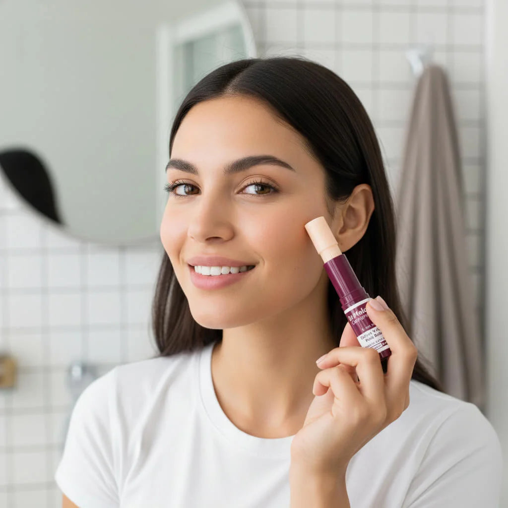 Mujer aplicando Bálsamo Multifunción Dr. Melaxin en su rutina de cuidado facial diaria en el baño