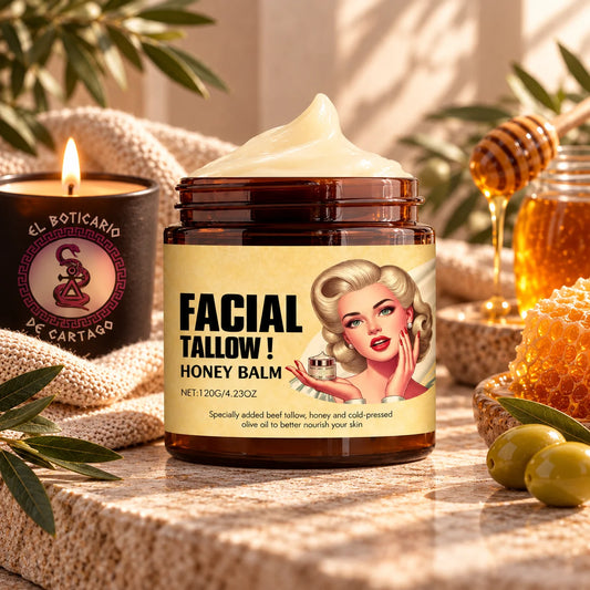 Tarro abierto de bálsamo facial de sebo y miel, junto a un panal, aceitunas y una vela