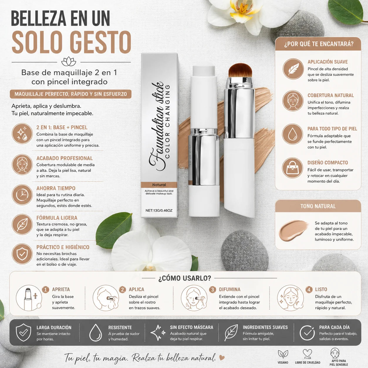 Base de maquillaje 2 en 1 con pincel integrado para aplicar de forma uniforme, lograr cobertura natural y un acabado suave sin esfuerzo