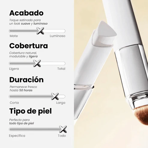 Características de la base de maquillaje 2 en 1: acabado satinado, cobertura modulable, duración 50 horas, apta para todo tipo de piel