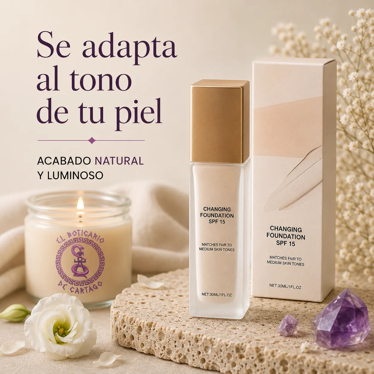 Base de maquillaje adaptativa Changing Foundation SPF15 con su caja – se adapta al tono de tu piel con acabado natural y luminoso