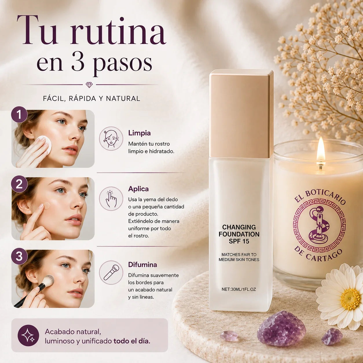 Cómo aplicar la base de maquillaje adaptativa SPF30 en 3 pasos: limpia, aplica y difumina para un acabado natural todo el día