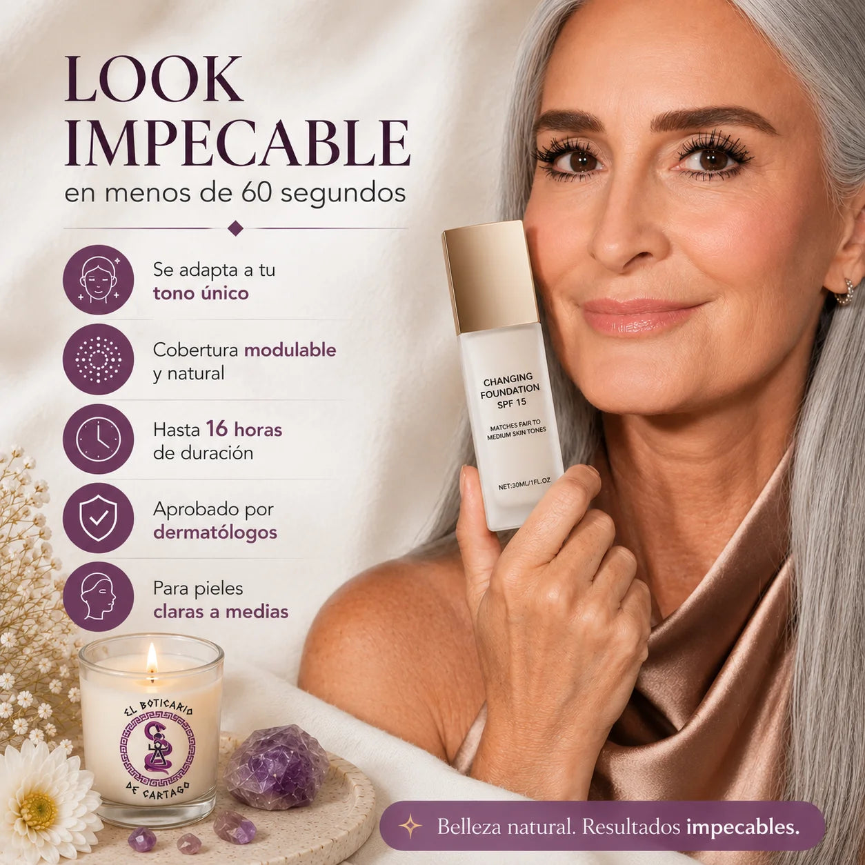 Base de maquillaje adaptativa SPF30 con ácido hialurónico y vitamina E – acabado natural y ligero