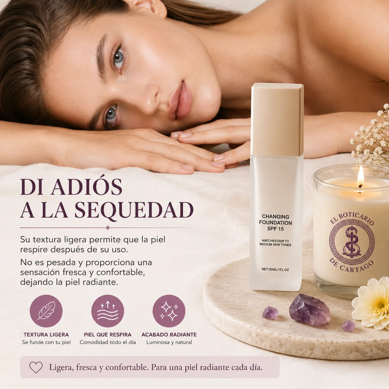 Base de maquillaje SPF30 de textura ligera que hidrata y deja la piel radiante – di adiós a la sequedad