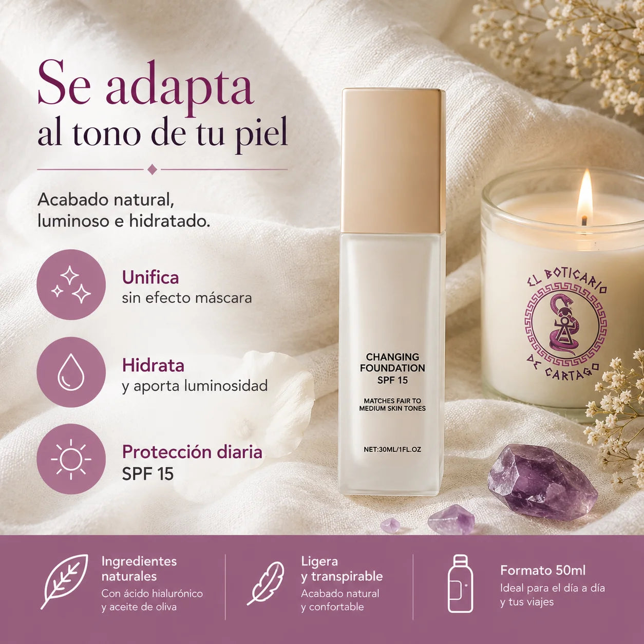 Base de maquillaje adaptativa SPF15 que unifica, hidrata y aporta luminosidad – ingredientes naturales con ácido hialurónico, formato 50ml