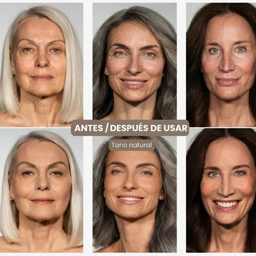 Antes y después de usar la base de maquillaje 2 en 1 con pincel integrado, tono natural