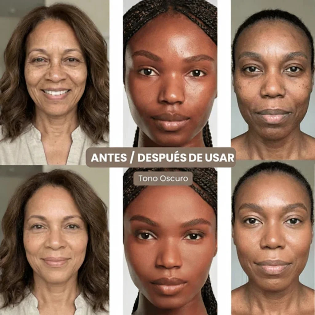 Antes y después de usar la base de maquillaje 2 en 1 con pincel integrado, tono oscuro