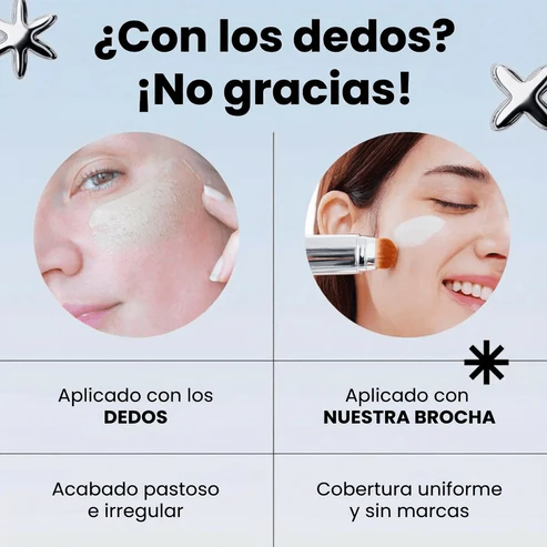 Comparativa de aplicar base de maquillaje con los dedos versus brocha integrada, acabado uniforme sin marcas