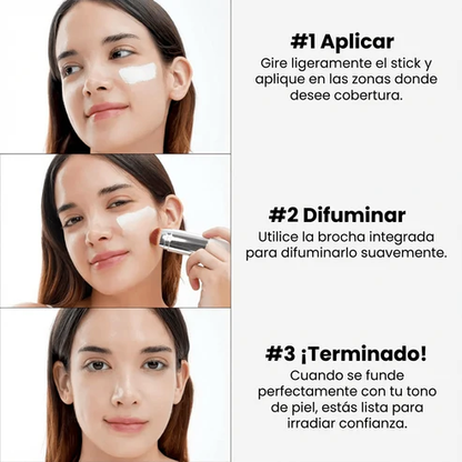 Cómo aplicar la base de maquillaje 2 en 1: aplicar el stick, difuminar con la brocha integrada y resultado final