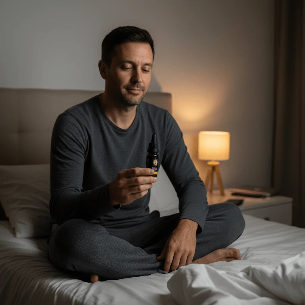 Hombre profesional usando aceite CBD 30% con melatonina Beso de Tanit para calmar ansiedad nocturna y rumia mental
