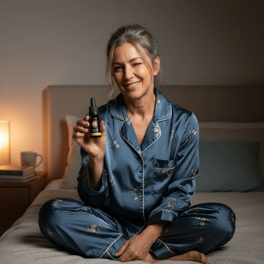 Mujer con dolor nocturno crónico mostrando complicidad al recomendar aceite CBD 30% con melatonina Beso de Tanit para descanso sin dolor