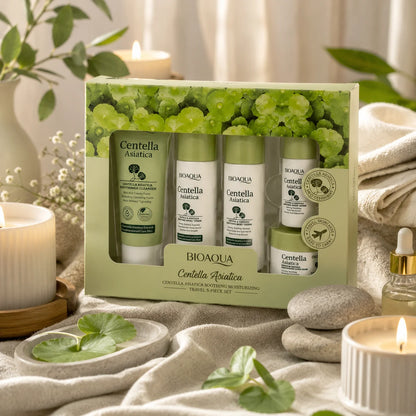 Kit de viaje Bioaqua Centella Asiática 5 piezas – limpiador, tónico, emulsión, sérum y crema calmante hidratante