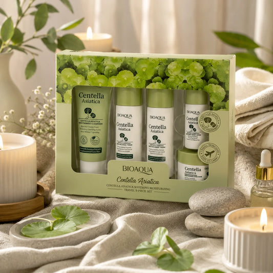Kit de viaje Bioaqua Centella Asiática 5 piezas – limpiador, tónico, emulsión, sérum y crema calmante hidratante