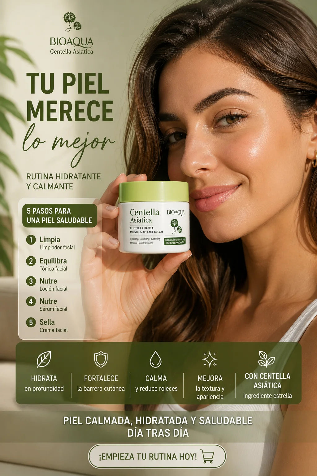 Mujer con piel radiante sosteniendo la crema facial Bioaqua Centella Asiática – rutina hidratante y calmante de 5 pasos para una piel calmada, hidratada y saludable día tras día