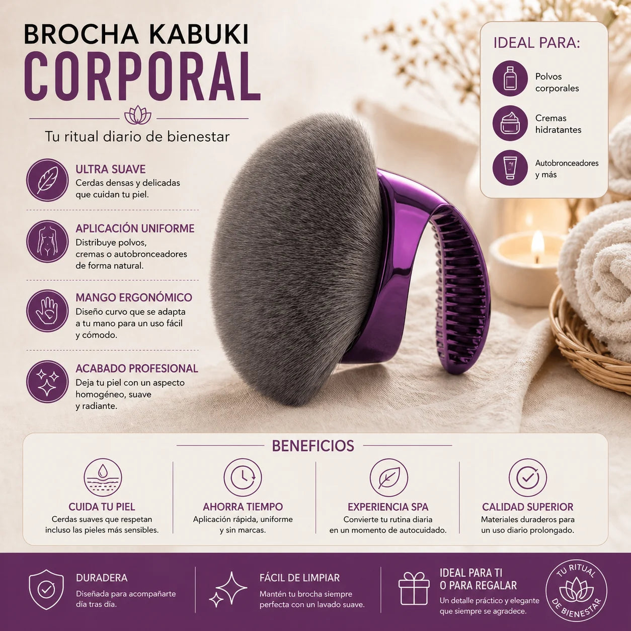 Brocha kabuki corporal de cerdas suaves con mango ergonómico para aplicación uniforme de cremas y polvos, ideal para cuidado corporal tipo spa
