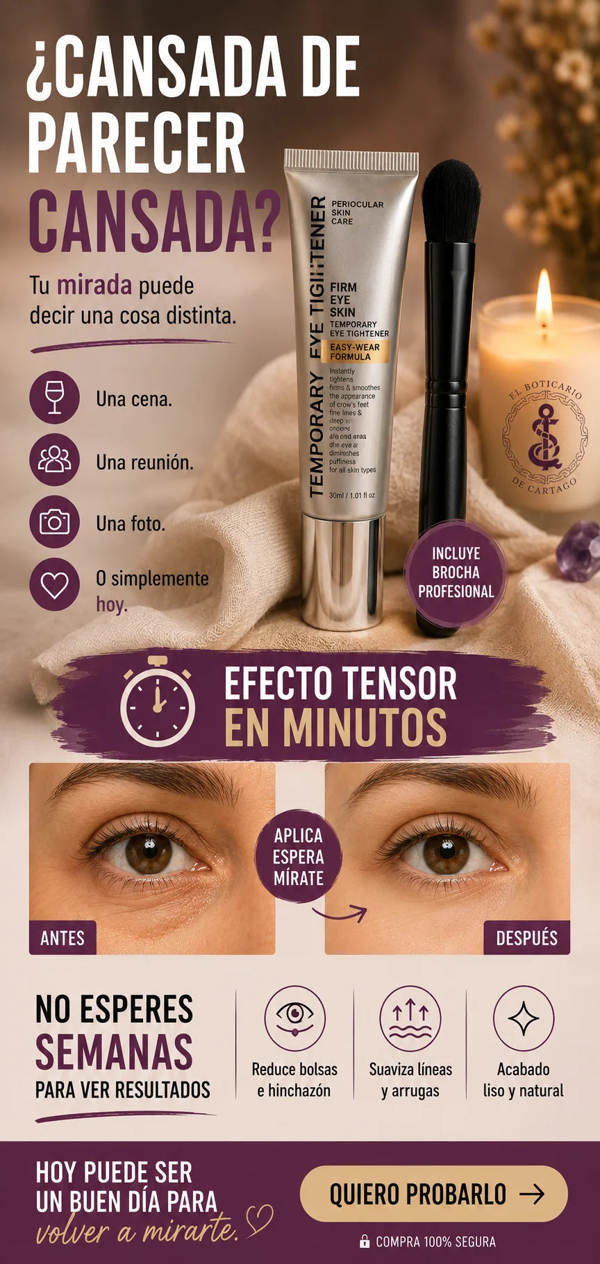 ¿Cansada de parecer cansada? Temporary Eye Tightener – Efecto tensor en minutos, reduce bolsas y suaviza arrugas | El Boticario de Cartago